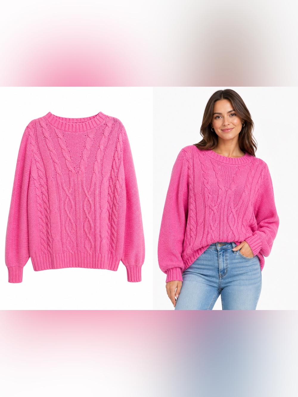 crown & ivy Bright Pink Cable Crewneck Sweater